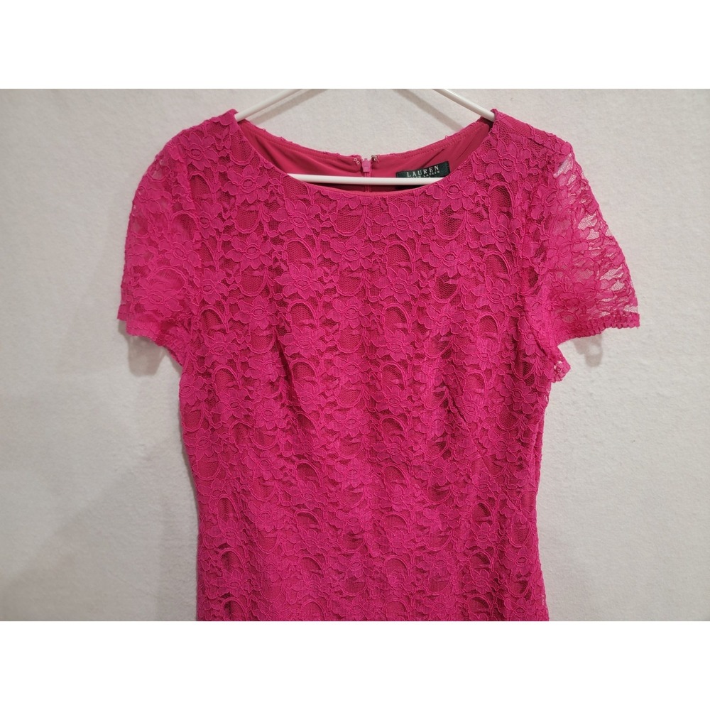 Lauren Ralph Lauren Fuchsia Pink Lace Sheath Dress Women's‎ Size 16 Short Sleeve - Picture 2 of 10